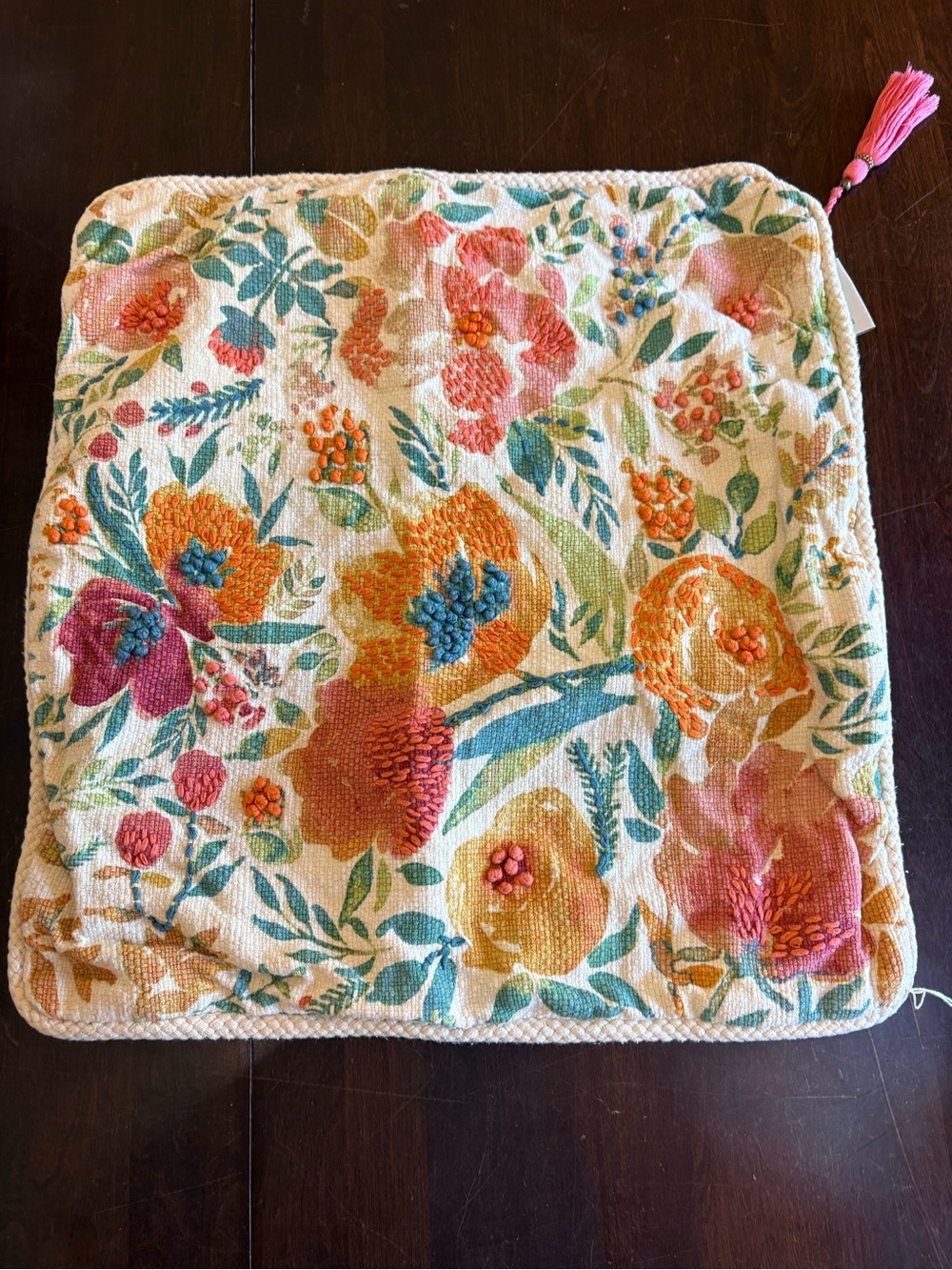 Envogue Cream Tapestry  Floral Embroidery Pillow Cover